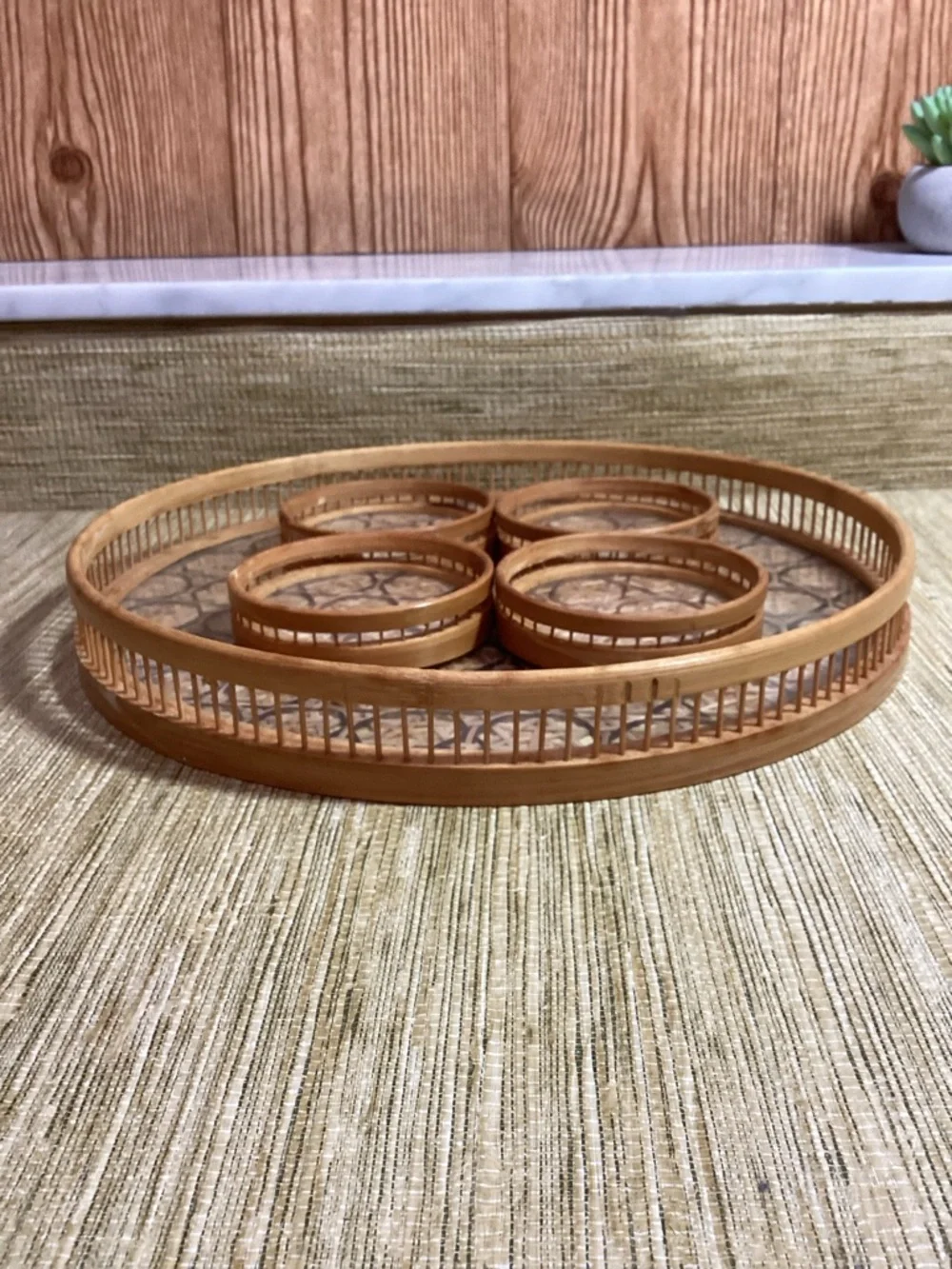 Woven Rattan Serving Tray Set Star of David Pattern Matching Coasters